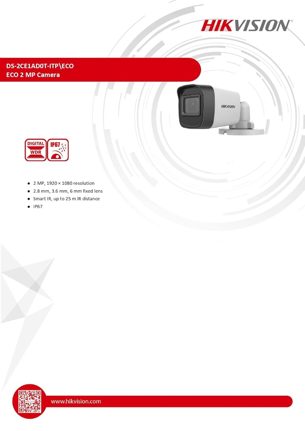 Security Camera Hikvision DS-2CE1AD0T-ITP/ECO | 2MP 1080P 3.6mm Bullet Camera