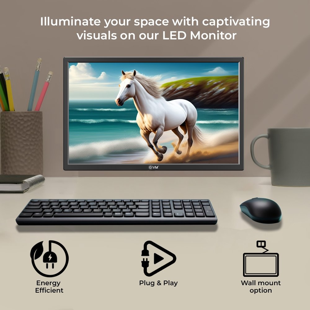 Monitor EVM 195 Grand LED | 19 Inch 1440×900 Hz, 5ms Fast Response Time, True Pixel, 16.7M Display Colors, VGA+HDMI, Viewing Angle H:176º,V:160º, Max Brightness 160-200cd/m2, Panel Size 407 (H) × 255 (V) MM, 100x100mm VESA Wall Mountable, Black