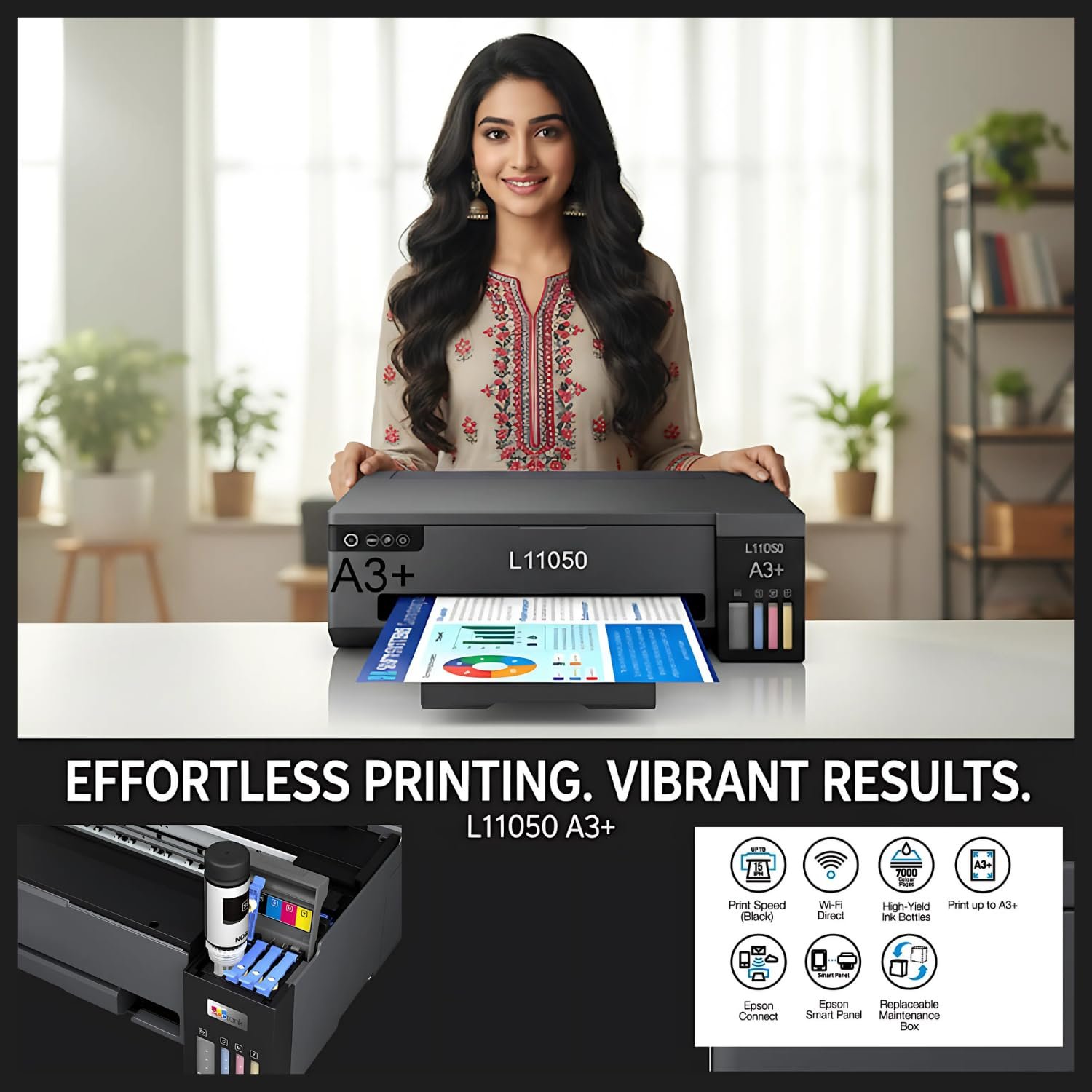 Printer Epson EcoTank L11050 | A3+, 4 Colour Single Function Ink Tank Printer with WiFi Connectivity, Black
