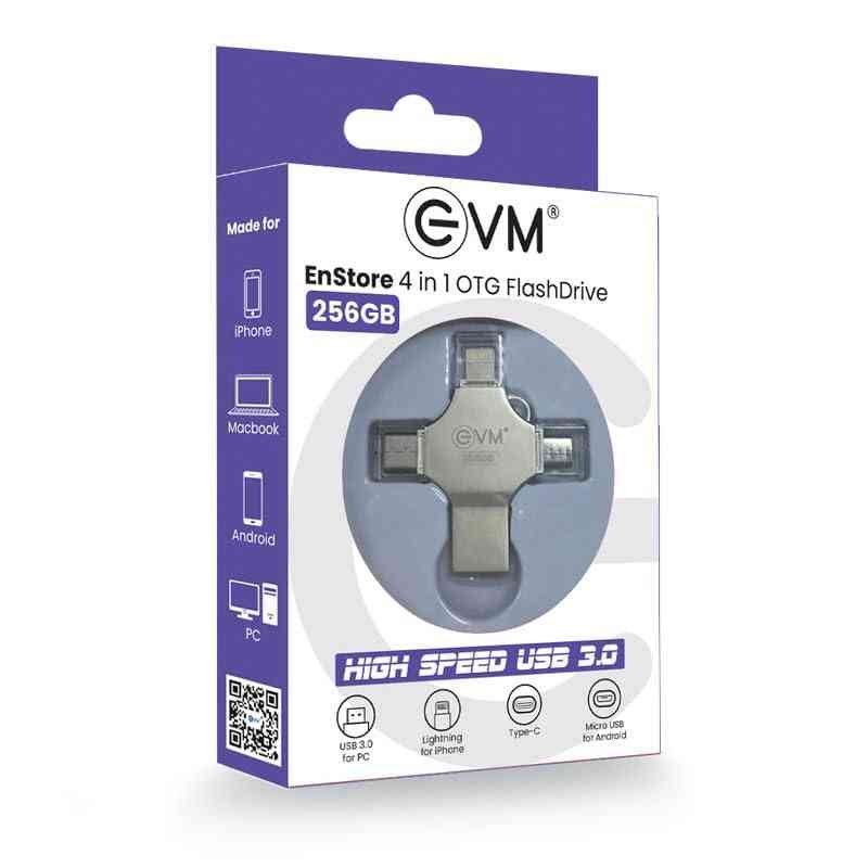 Pendrive EVM 256GB EnStore 4 in 1 OTG USB 3.0 EVM4D/256G Flashdrive | High Speed USB 3.0 With Read Speed of 100Mb/s & Write Speed of 25Mb/s, Transfer Files Between USB-A, All Smartphones, Silver
