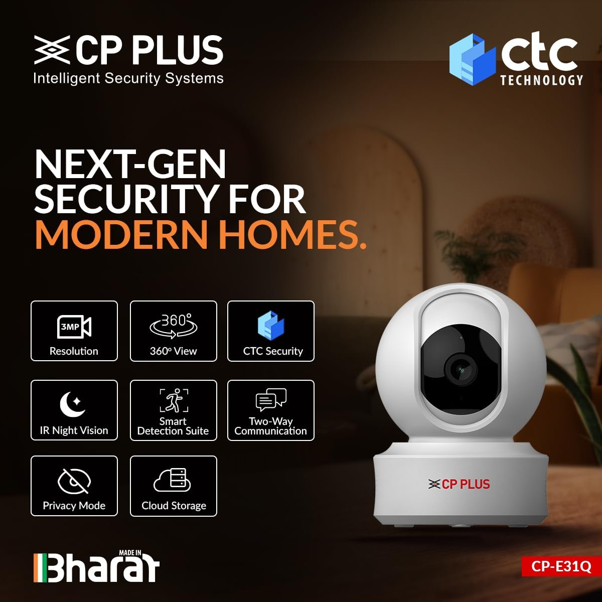 Security Camera CP Plus EzyKam CP-E31Q | 3MP Wi-Fi PT Camera, IR Distance of 15 Mtr, 4mm Lens, Motion Detection Support, Built-in Mic, Works with Alexa & Google Home, Support Micro SD Card Upto 256GB, White