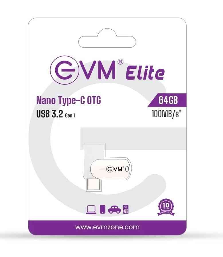 Pendrive EVM 64GB Elite Nano Plus Type C OTG USB 3.2 Flashdrive | Performance Read up to 100MB/s, Performance Write up to 30MB/s, Silver