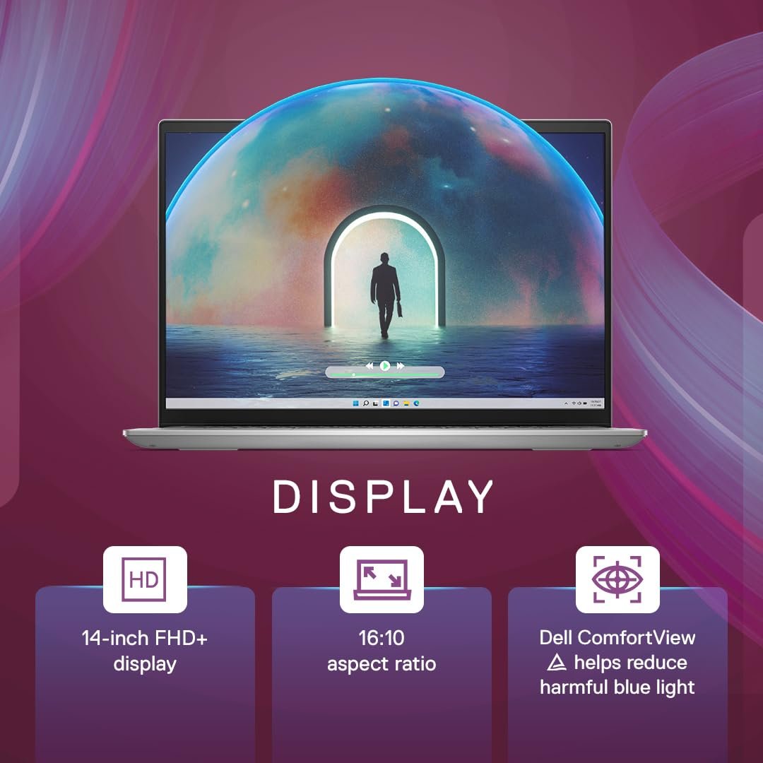 Laptop Dell Inspiron 14 5430 | 14″ FHD+ ComfortView, Intel Core i5-1335U (13th Gen), 8GB LPDDR5 RAM, 512GB NVMe SSD, Windows 11 + MS Office 2021, integrated graphics, backlit keyboard, Thunderbolt 4, Platinum Silver, 1.59 kg, includes bag.