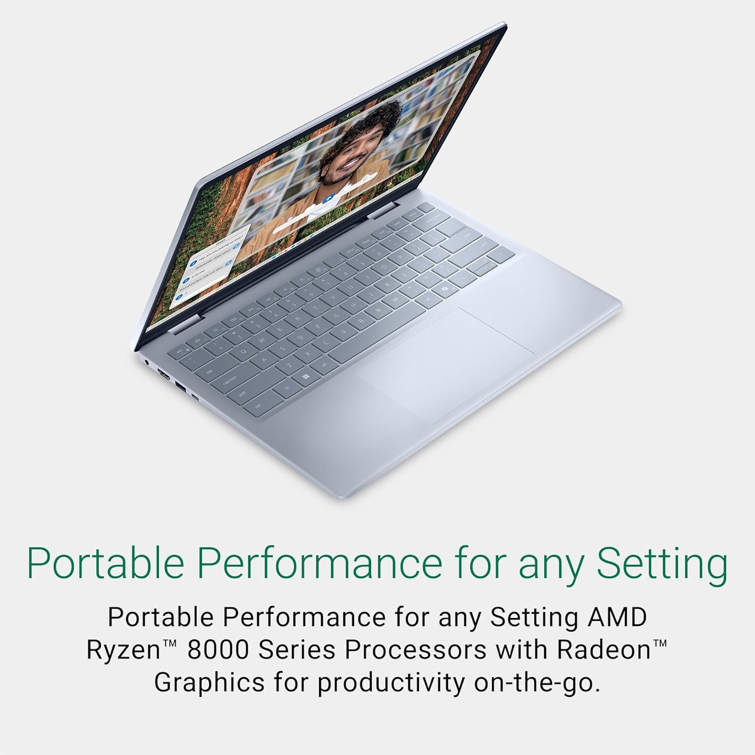 Laptop Dell Inspiron 5445 14β³ FHD+ (250 nits, ComfortView), AMD Ryzen 7 8840U, 16GB LPDDR5 RAM, 512GB NVMe SSD, Radeon graphics, backlit keyboard, fingerprint reader, Windows 11 + Office 2021, Ice Blue, includes bag.