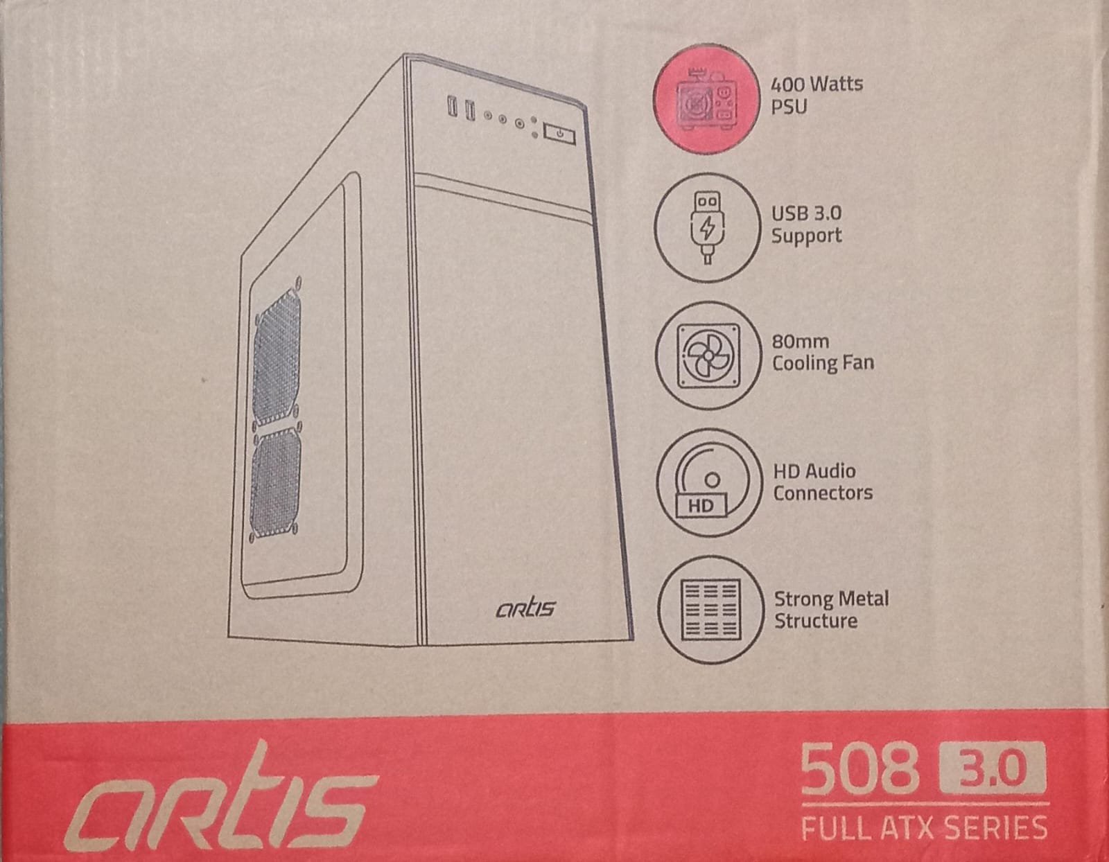 Cabinet Artis 508 3.0 (1x2.0 + 1x3.0)  Computer Cabinet | Support Micro ATX Motherboard, 1 X 80mm Fan With 400W Power Supply