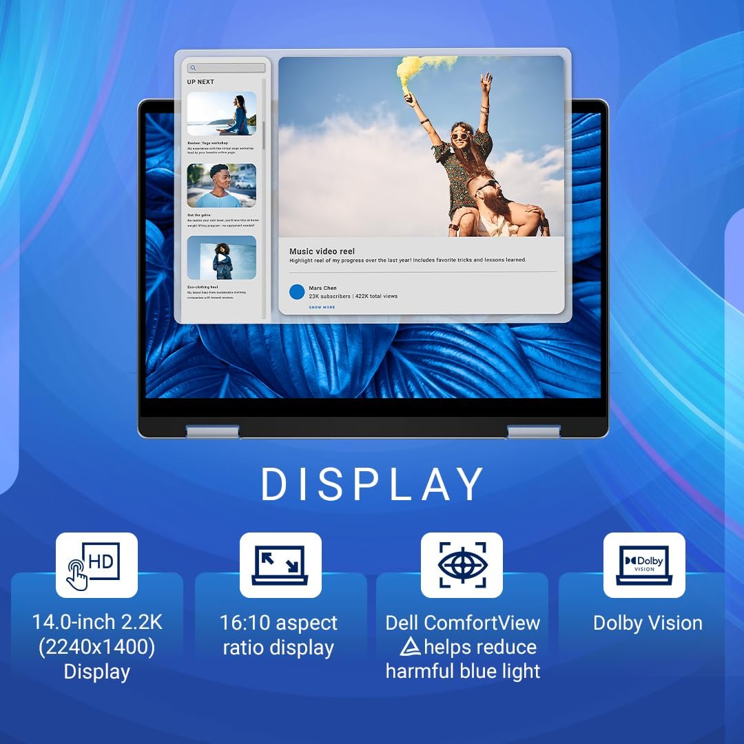 Laptop Dell Inspiron 14 7440 2-in-1 | 14β³ FHD+ touch (250 nits, ComfortView), Intel Core 5 120U, 16GB DDR5 RAM, 512GB NVMe SSD, Intel graphics, Windows 11 + Office 2021, backlit keyboard, fingerprint reader, Active Pen, Ice Blue, 1.75 kg, includes bag.