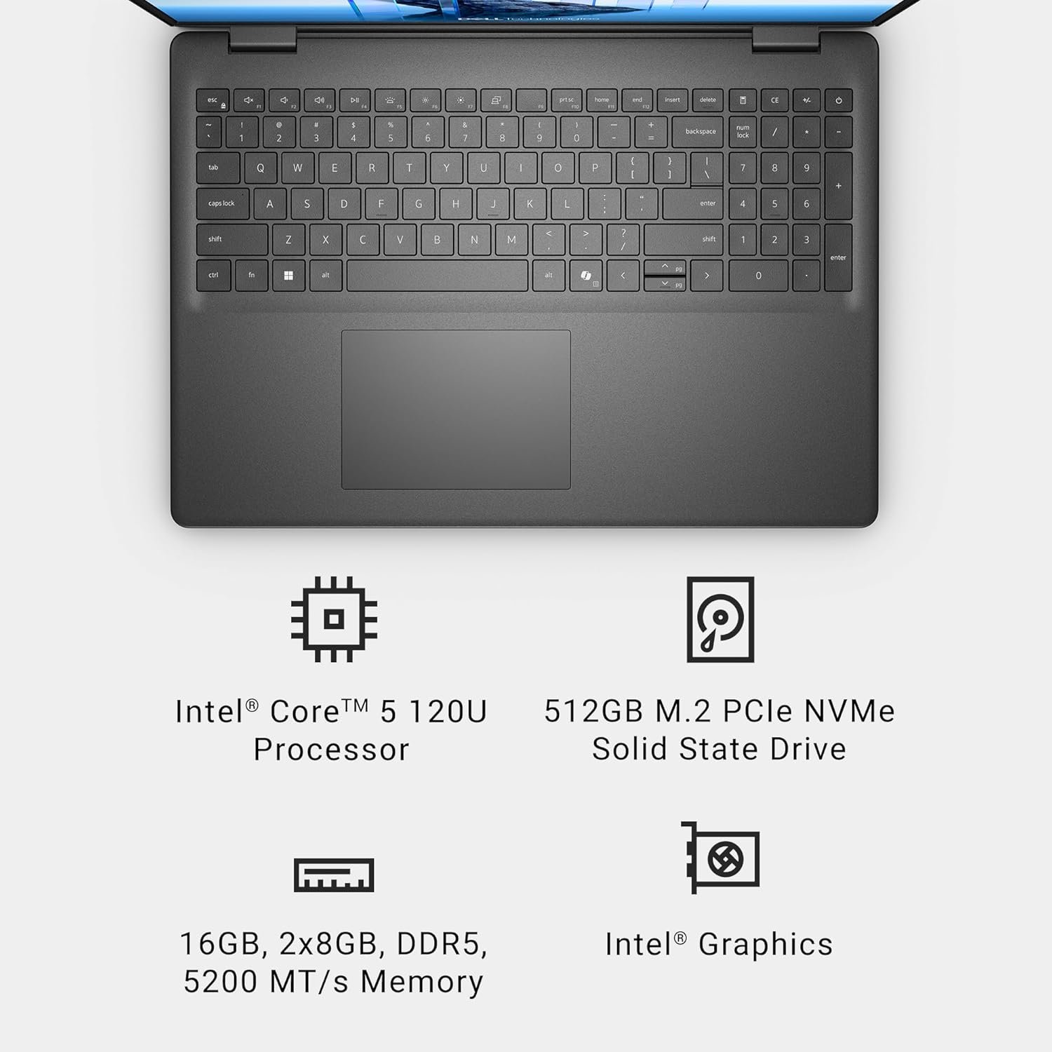 Laptop Dell 16 DC16250 | 16″ 2K (1920×1200) 16:10 IPS anti-glare display (300 nits) with ComfortView. Intel Core 5 120U, 16GB DDR5 RAM, 512GB NVMe SSD. Windows 11, Office H&S 2024, M365, backlit keyboard, fingerprint reader, backpack, Platinum Silver.