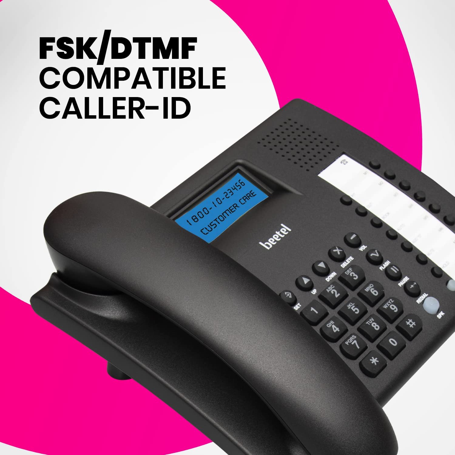 Landline Phone Beetel M90 | Caller ID with 16 Digit LCD Display, FSK / DTMF, Compatible Caller ID, 8 Direct One Touch & 12 Two Touch Memory, Volume Control for Speaker Phone, Music on Hold | Black