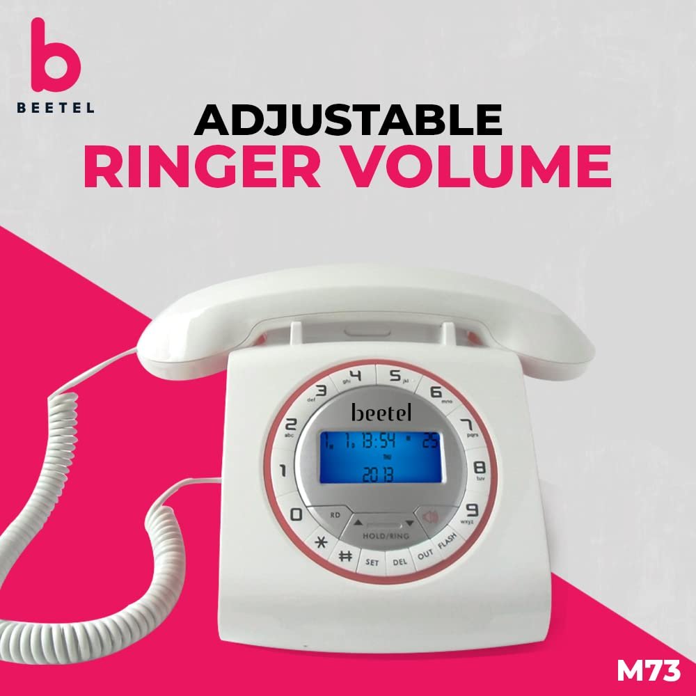Landline Phone Beetel M73 Retro | Caller ID, Corded Phone with 16 Digit LCD Display, Retro Design, Alphanumeric Keypad, 2-Way Speaker Phone, Adjustable Ringing (White & Red)