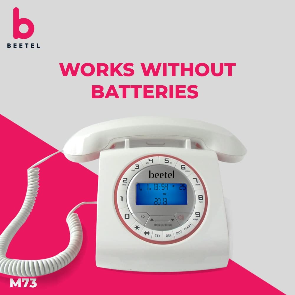 Landline Phone Beetel M73 Retro | Caller ID, Corded Phone with 16 Digit LCD Display, Retro Design, Alphanumeric Keypad, 2-Way Speaker Phone, Adjustable Ringing (White & Red)