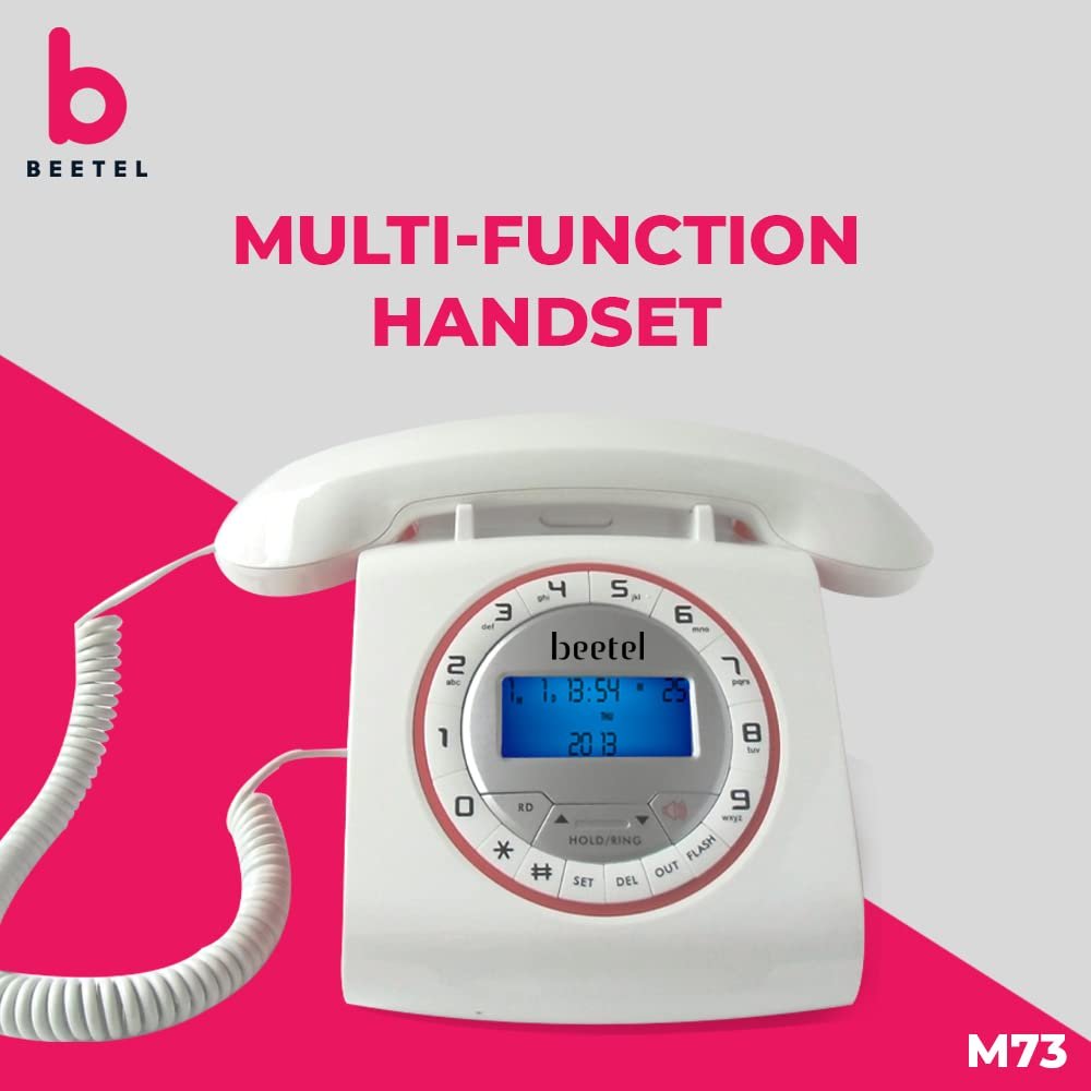 Landline Phone Beetel M73 Retro | Caller ID, Corded Phone with 16 Digit LCD Display, Retro Design, Alphanumeric Keypad, 2-Way Speaker Phone, Adjustable Ringing (White & Red)