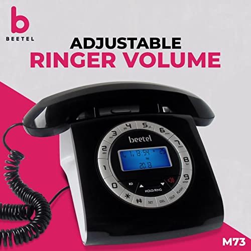Landline Phone Beetel M73 Retro | Caller ID, Corded Phone with 16 Digit LCD Display, Retro Design, Alphanumeric Keypad, 2-Way Speaker Phone, Adjustable Ringing (Black & White)