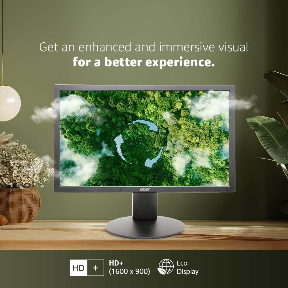 Acer K202QMBI 19.5-inch Monitor (UM.IE0SI.001) | HD+ 1600x900 LCD with LED backlight, 200 nits brightness, 6ms response time, 75Hz refresh rate, VGA & HDMI ports, HDMI cable included, eye care features, tilt & wall mount support, black.