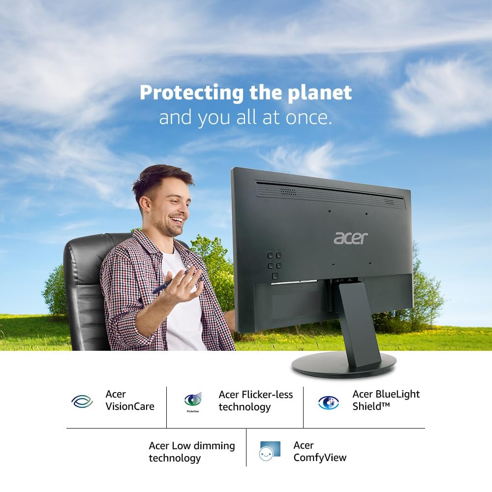 Acer K202QMBI 19.5-inch Monitor (UM.IE0SI.001) | HD+ 1600x900 LCD with LED backlight, 200 nits brightness, 6ms response time, 75Hz refresh rate, VGA & HDMI ports, HDMI cable included, eye care features, tilt & wall mount support, black.