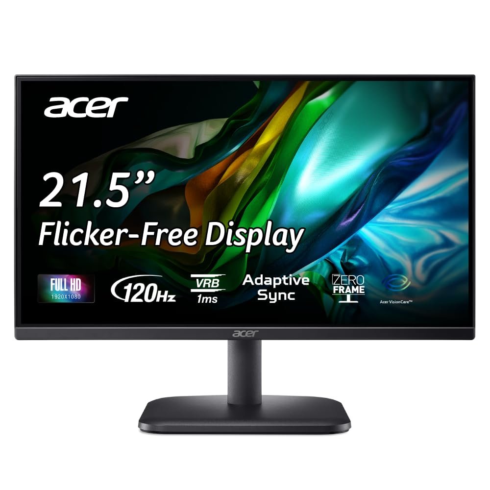 Monitor Acer EK220QJ0BI 21.5-inch | Full HD IPS/VA LED display, 120Hz refresh rate, 1ms VRB, AdaptiveSync, 99% sRGB, Flicker-Less, BlueLight Shield, ZeroFrame, HDMI + VGA, tilt adjustable, black.