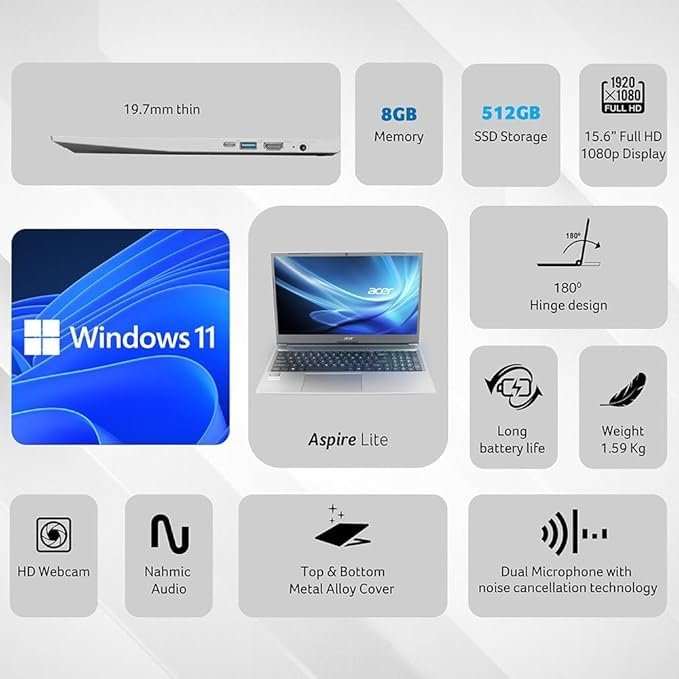 Laptop Acer Aspire Lite AL15-41 (UN.31ZSI.06P) | AMD Ryzen 3 7330U Processor, 8GB DDR4, 512GB Gen3 SSD, Win11H + MSO, 15.6 Inch Full HD IPS Display, High Brightness TFT LCD, Environment Friendly, AMD Radeon, Steel Gray, Backpack, Thin&Light, 1.59Kg