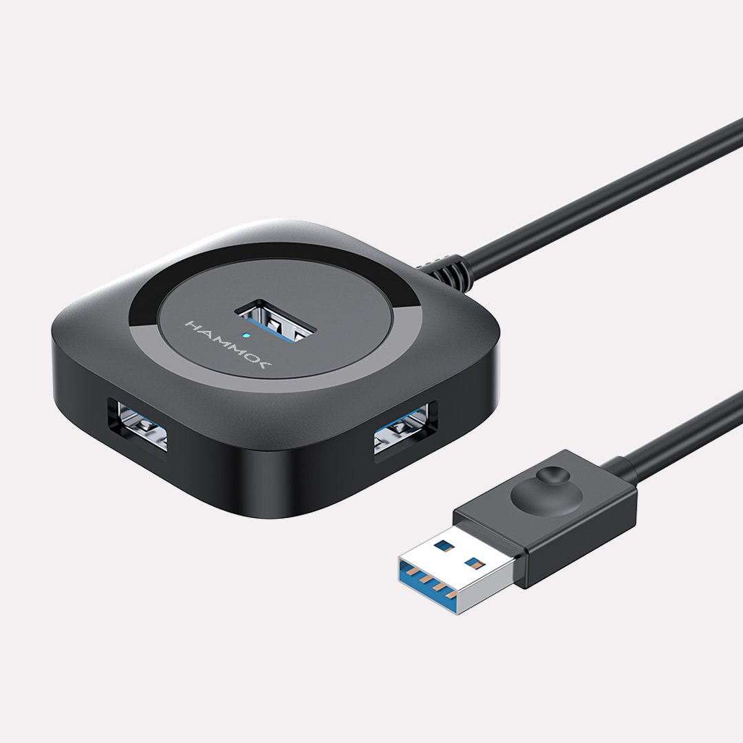 Hub Hammok Grace 4 Port USB 3.0 | Portable Data Hub, Transfer Speeds Upto 5Gbps, USB Splitter Expander For Laptop, Xbox, Flash Drive, HDD, Console, Printer, Camera, Keyboard, Mouse, Surface Pro, Notebook PC, 1.5M Cable Length, Plug & Play, Black