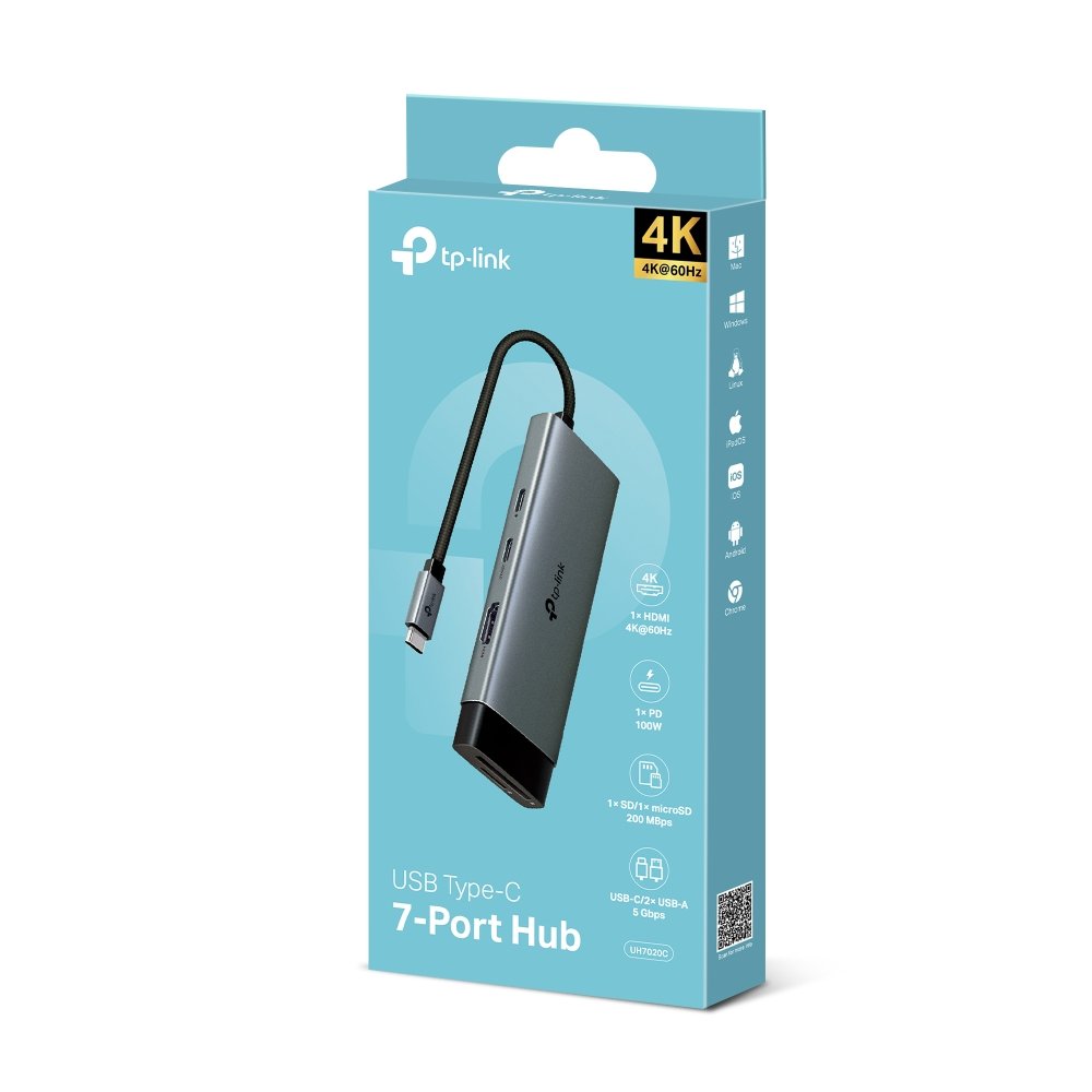 Hub TP-Link UH7020C | USB Type-C 7 in 1 Hub, Multiport USB-C Adapter Dongle Docking Station, 4K@60HZ HDMI, USB C 3.0 Port, 2 USB A 3.0 Ports, 100W Power Delivery, SD/MicroSD Cards Reader, Plug & Play, Grey