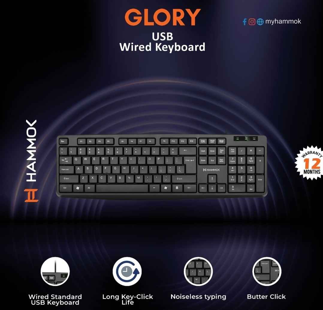 Keyboard Hammok Glory Usb Wired Keyboard | Silence Typing Long Key-Click Life, Ideal For Laptops & PCs, For Office & Home Use, Black