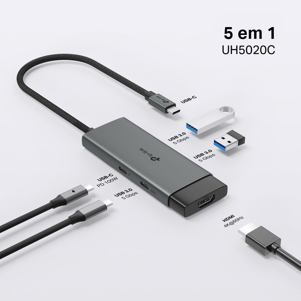 Cable Hub TP-Link UH5020C | USB Type-C 5 in 1 Hub, USB 3.0, 5Gbps Data Transfer, 2 x USB A, 1x USB C, HDMI 4K@60Hz, 100W PD 3.0 Fast Charging, Self-Storage, Braided Cable, Compact & Elegant Design, Plug & Play, Grey