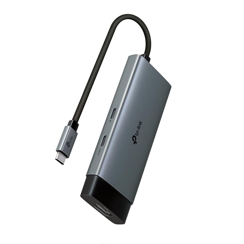 Cable Hub TP-Link UH5020C | USB Type-C 5 in 1 Hub, USB 3.0, 5Gbps Data Transfer, 2 x USB A, 1x USB C, HDMI 4K@60Hz, 100W PD 3.0 Fast Charging, Self-Storage, Braided Cable, Compact & Elegant Design, Plug & Play, Grey