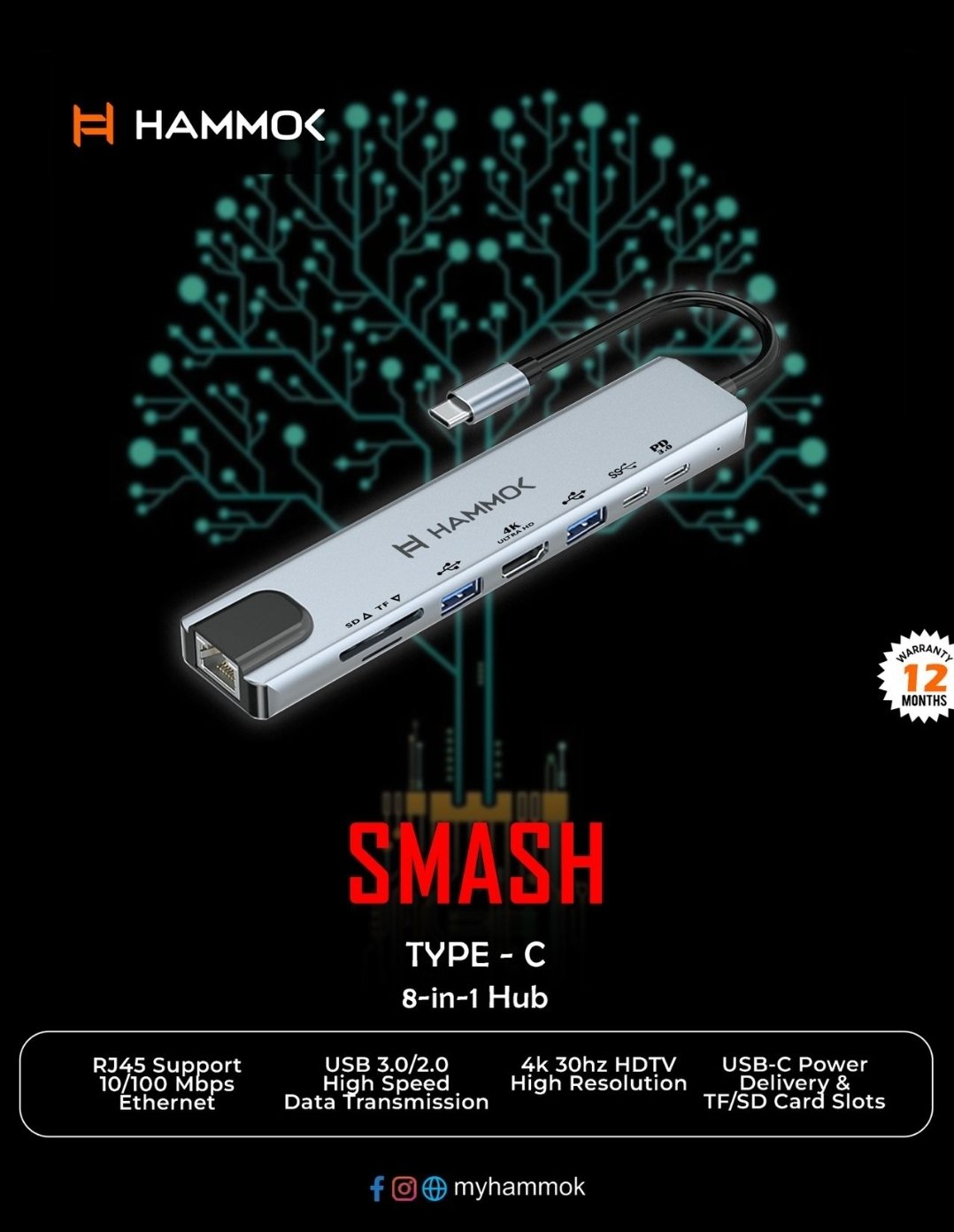 Hub Hammok Smash Type-C 8-in-1 USB Hub With 4K 30HZ / HDTV HDMI/ USB 3.0/ 2.0/ PD, 100W Charging, Data Transfer/ SD/ TF / RJ45 Converter Hub For MacBook, Laptop, Computer, Support M1, Silver