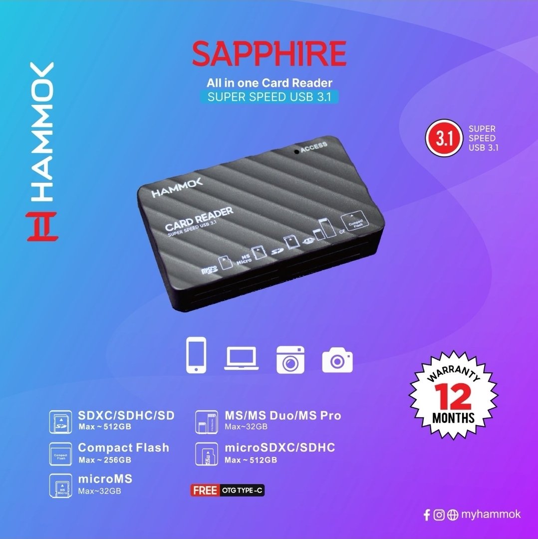 Card Reader Hammok Sapphire USB 3.1 All in One Card Reader | Working With Professional Grade Cameras, Smartphones, or Tablets, Black