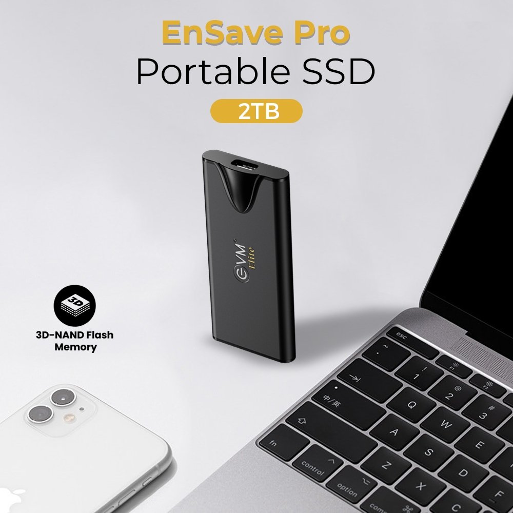 Harddisk EVM Elite EnSave Pro 2TB External SSD EPSSDPro/2T | Smallest Portable SSD With 2000 Mb/s Read & 1700 Write Speed, USB 3.2 Gen 2x2 Type-C Interface, Multiple Device compatibility, Black